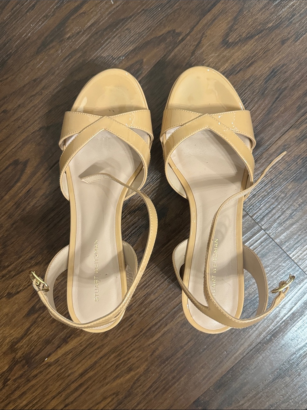 Stuart Weitzman Tan Leather Cross-Strap Ankle Sandals